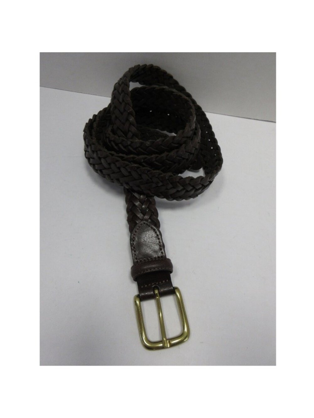 VINTAGE Lands End Belt 44 Leather Braided Woven Brass Buckle Classic